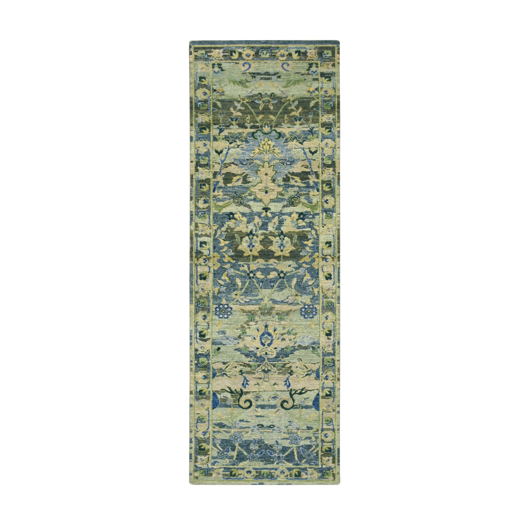 2'7"x8'4" Shades of Green, Broken and Erased Persian Inspired with Birds Design, Distinct Abrash, Shaved Low, Hand Knotted, Pure Wool, Runner, Oriental Rug 